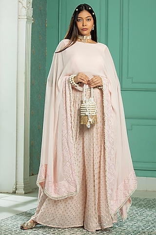 Pink Georgette Embroidered Cape Set by Monk & Mei