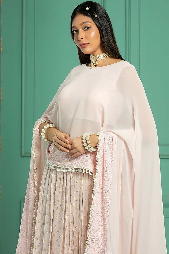 Pink Georgette Embroidered Cape Set by Monk & Mei at Pernia's Pop Up Shop