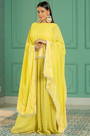 Yellow Georgette Embroidered Cape Set by Monk & Mei at Pernia's Pop Up Shop
