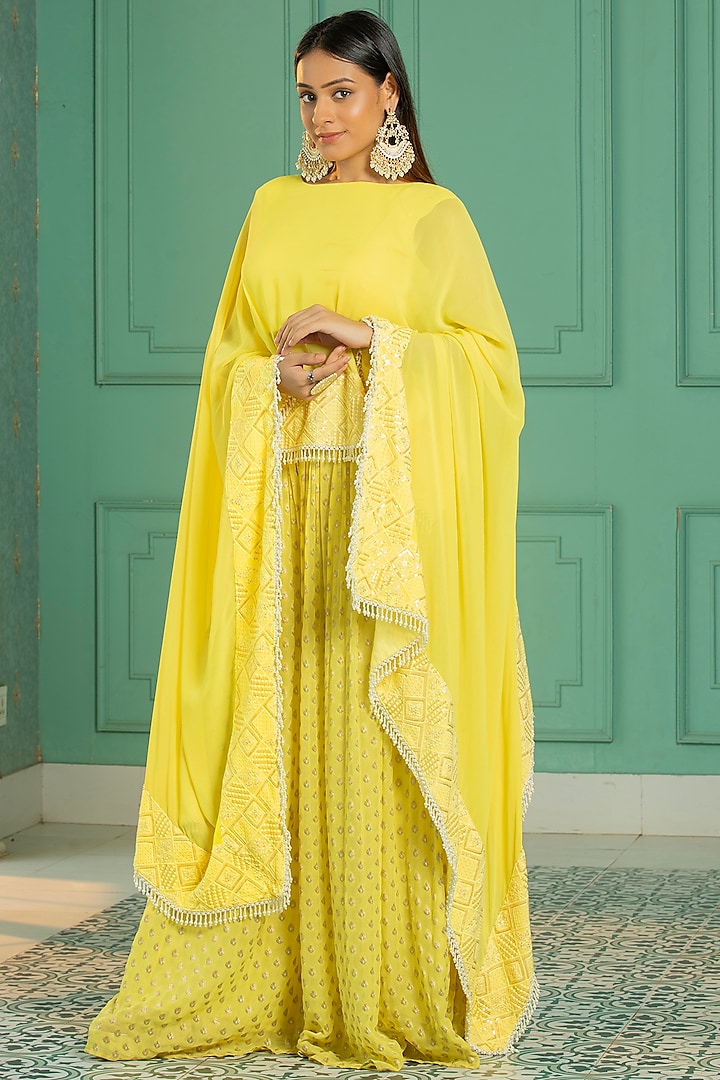 Yellow Georgette Embroidered Cape Set by Monk & Mei