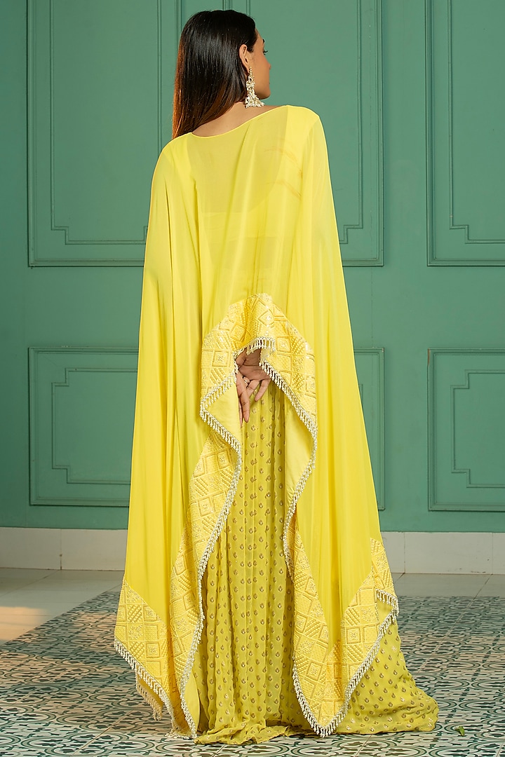 Yellow Georgette Embroidered Cape Set by Monk & Mei at Pernia's Pop Up Shop