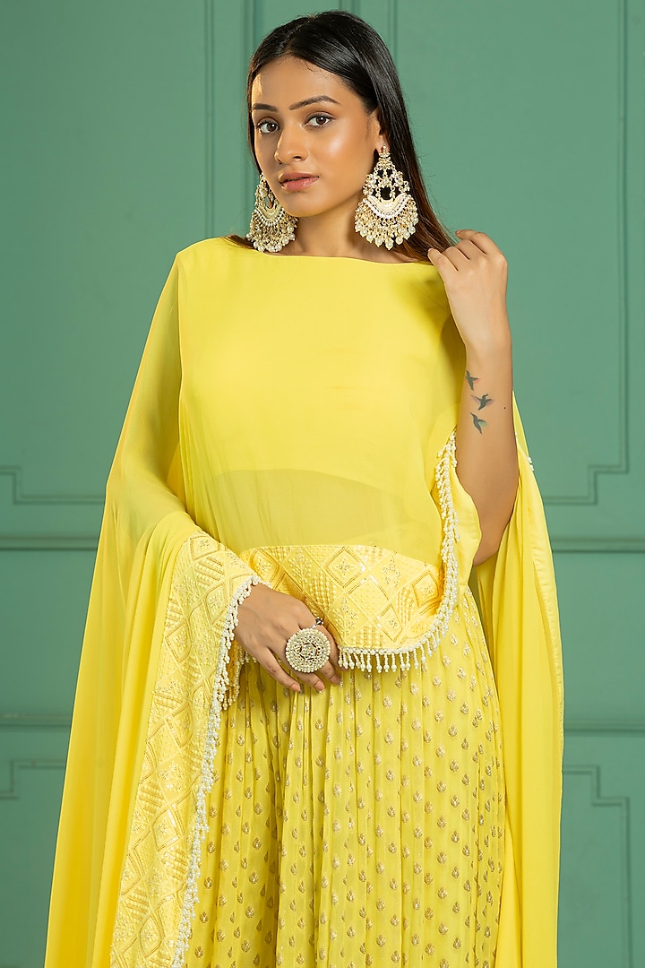 Yellow Georgette Embroidered Cape Set by Monk & Mei at Pernia's Pop Up Shop