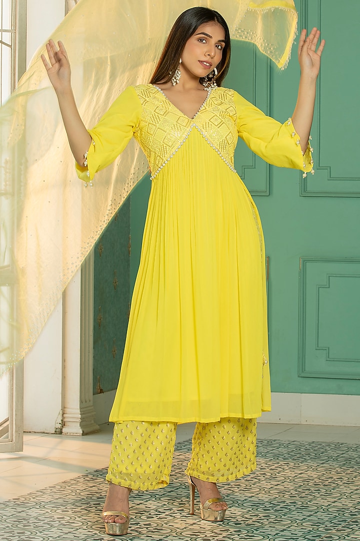Yellow Georgette Embroidered Chikankari Kurta Set by Monk & Mei at Pernia's Pop Up Shop