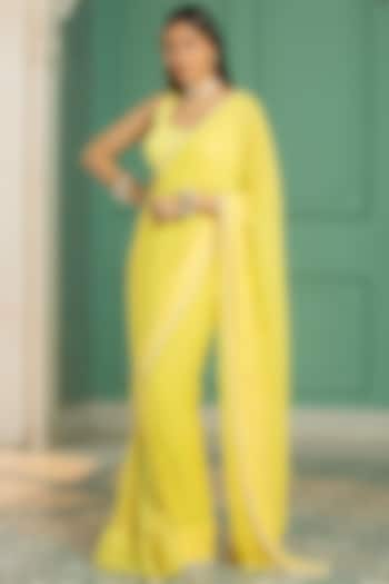 Yellow Georgette Embroidered Pre-Draped Saree Set by Monk & Mei at Pernia's Pop Up Shop