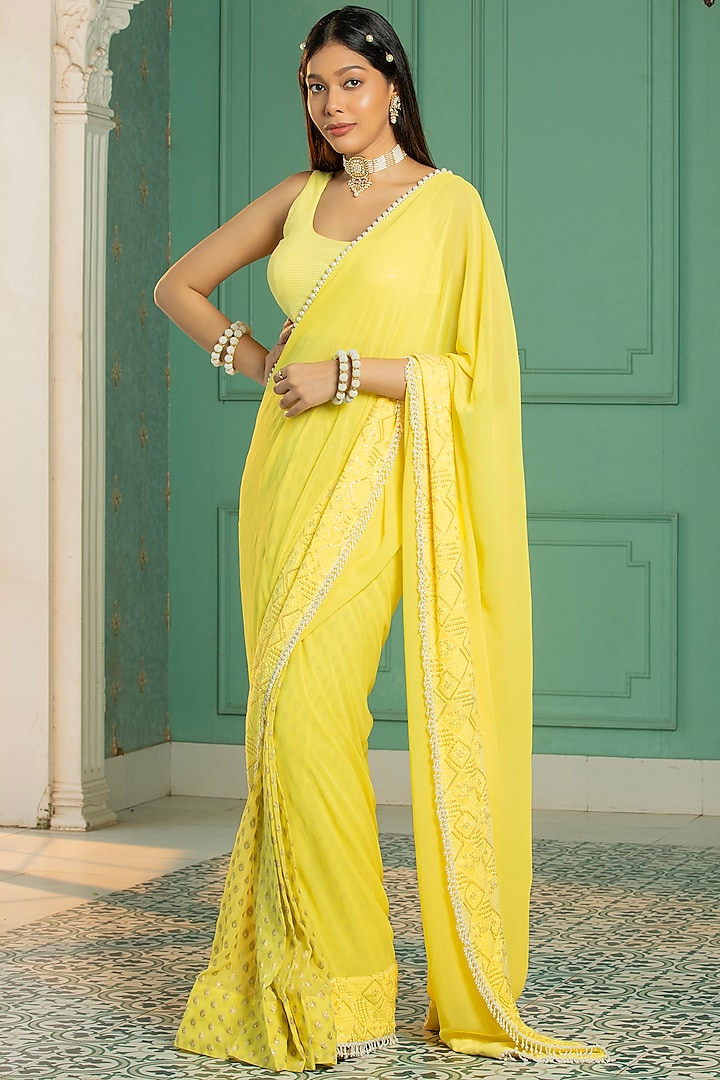 Yellow Georgette Embroidered Pre-Draped Saree Set by Monk & Mei at Pernia's Pop Up Shop