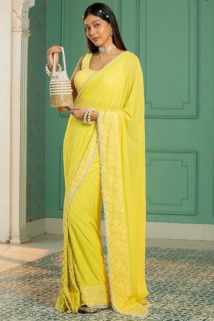 Yellow Georgette Embroidered Pre-Draped Festive Saree Set by Monk & Mei at Pernia's Pop Up Shop
