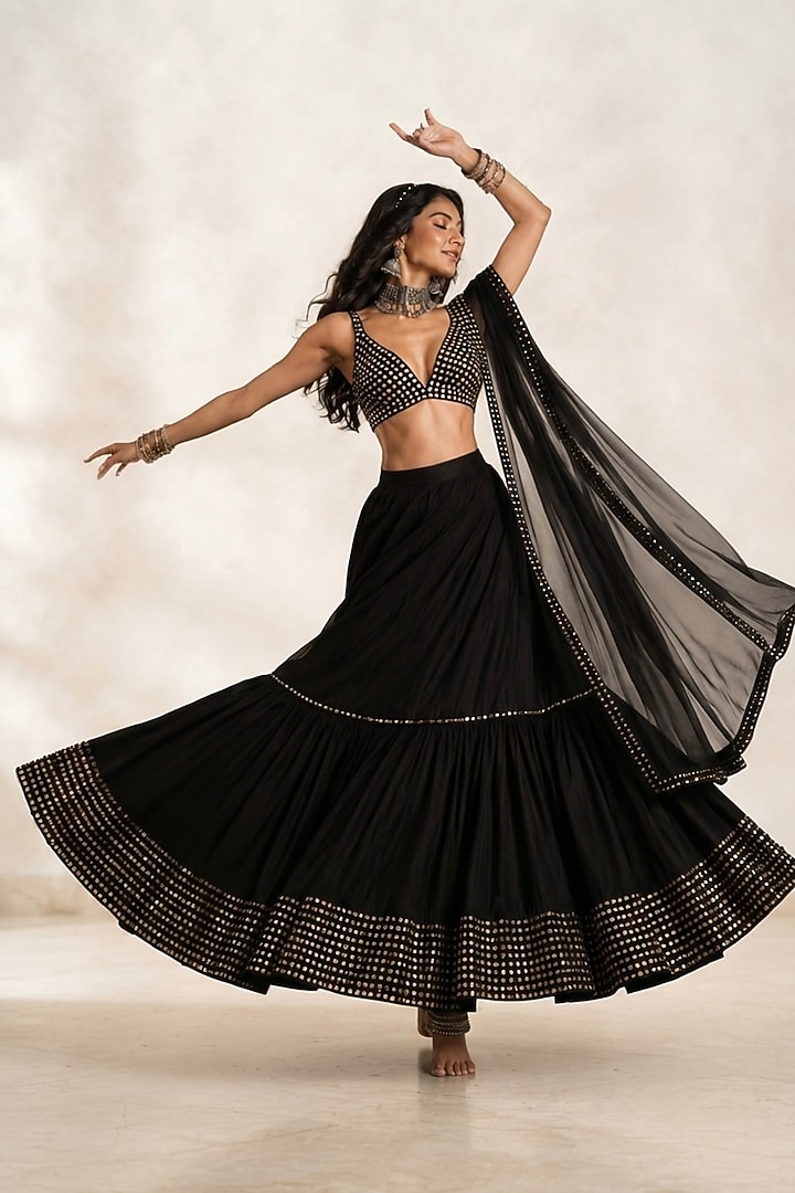 Black Georgette Embellished Lehenga Set by Monk & Mei at Pernia's Pop Up Shop