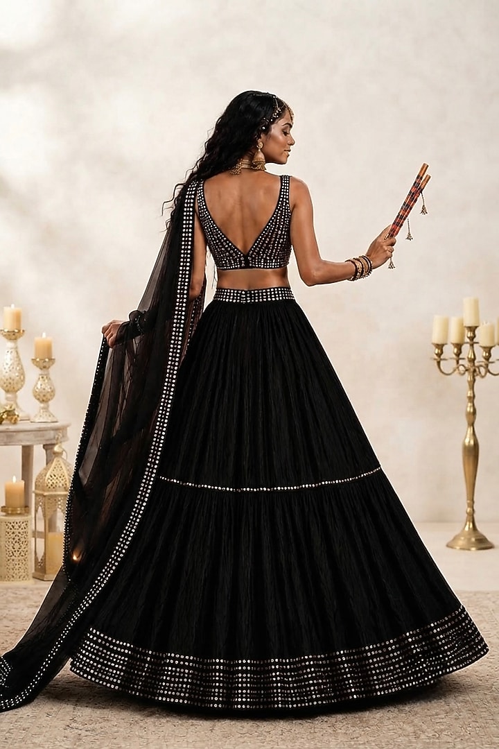 Black Georgette Embellished Lehenga Set by Monk & Mei at Pernia's Pop Up Shop
