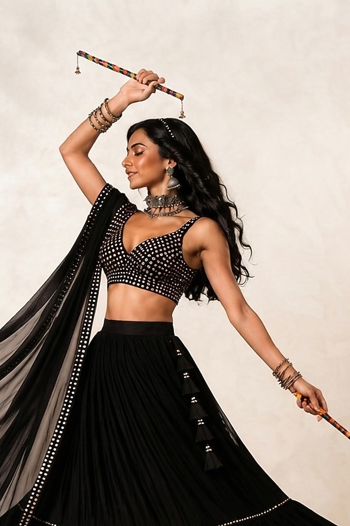 Black Georgette Embellished Lehenga Set by Monk & Mei at Pernia's Pop Up Shop