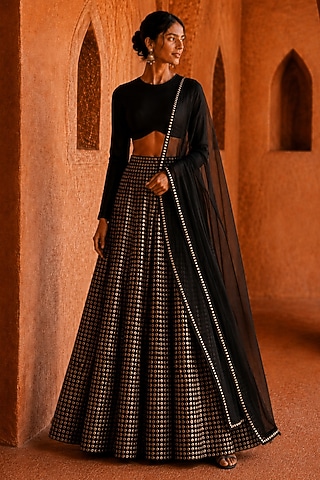 Black Georgette Embellished Lehenga Set by monk & mei
