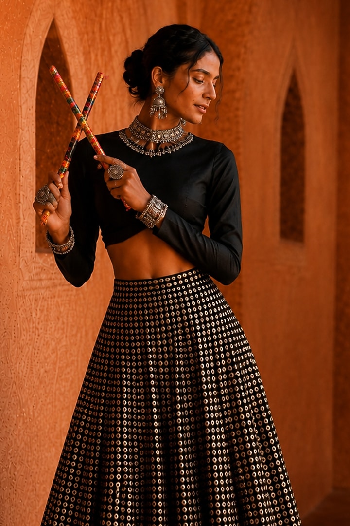 Black Georgette Embellished Lehenga Set by Monk & Mei at Pernia's Pop Up Shop