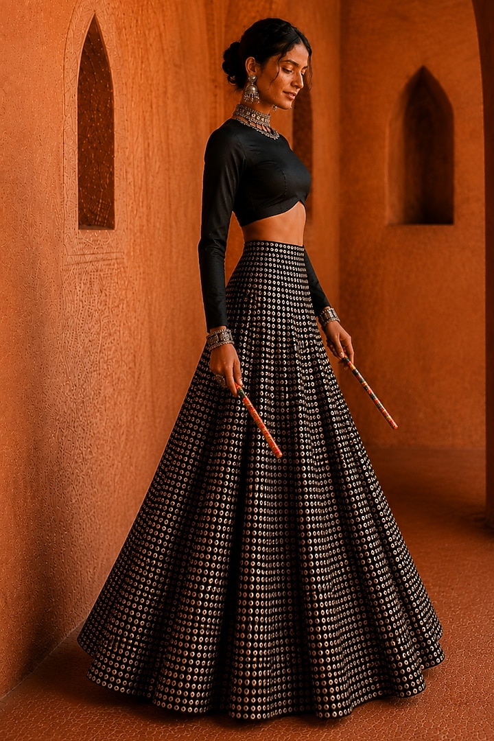 Black Georgette Embellished Lehenga Set by Monk & Mei at Pernia's Pop Up Shop