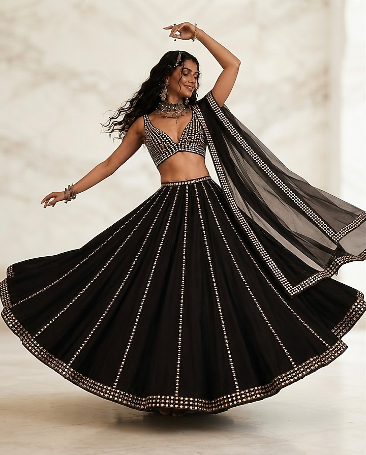 Black Georgette Embellished Lehenga Set by Monk & Mei at Pernia's Pop Up Shop