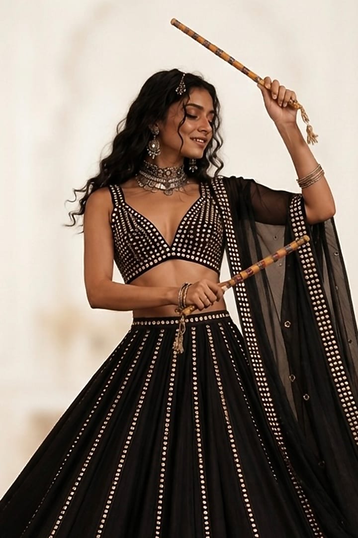 Black Georgette Embellished Lehenga Set by Monk & Mei at Pernia's Pop Up Shop