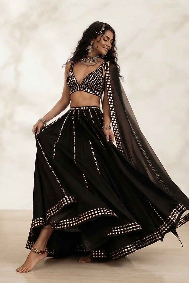 Black Georgette Embellished Lehenga Set by Monk & Mei at Pernia's Pop Up Shop