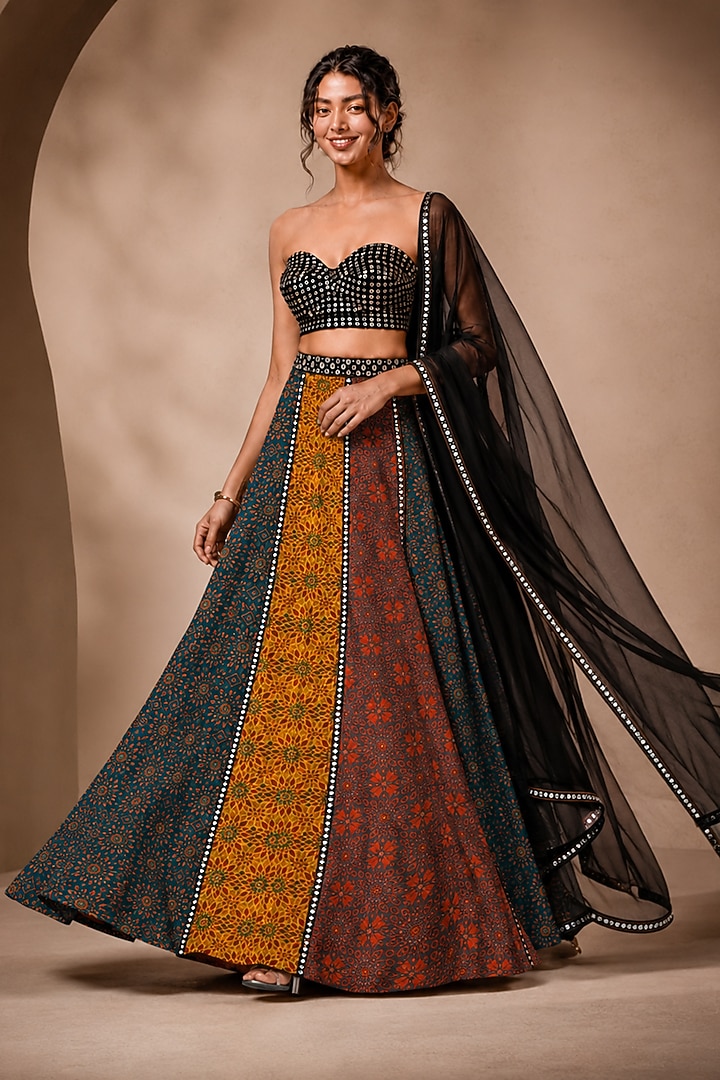 Multi-Colored Georgette Printed & Embellished Lehenga Set by Monk & Mei at Pernia's Pop Up Shop