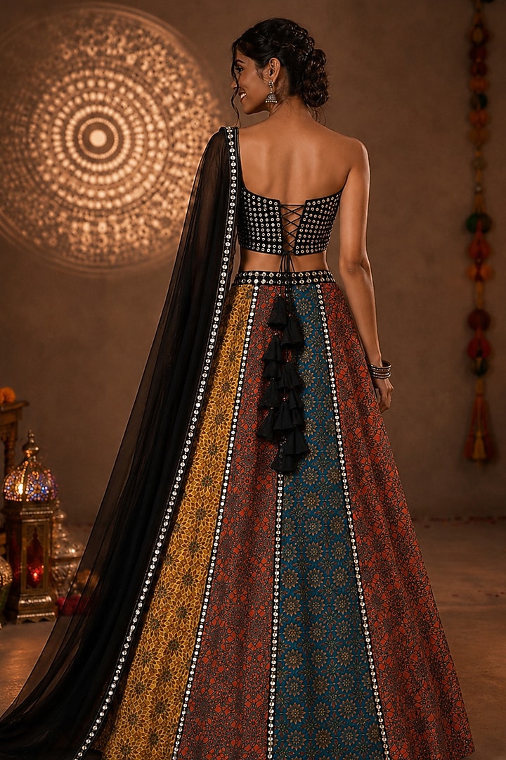 Multi-Colored Georgette Printed & Embellished Lehenga Set by Monk & Mei at Pernia's Pop Up Shop