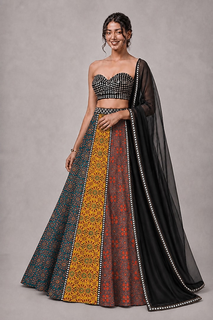 Multi-Colored Georgette Printed & Embellished Lehenga Set by Monk & Mei at Pernia's Pop Up Shop