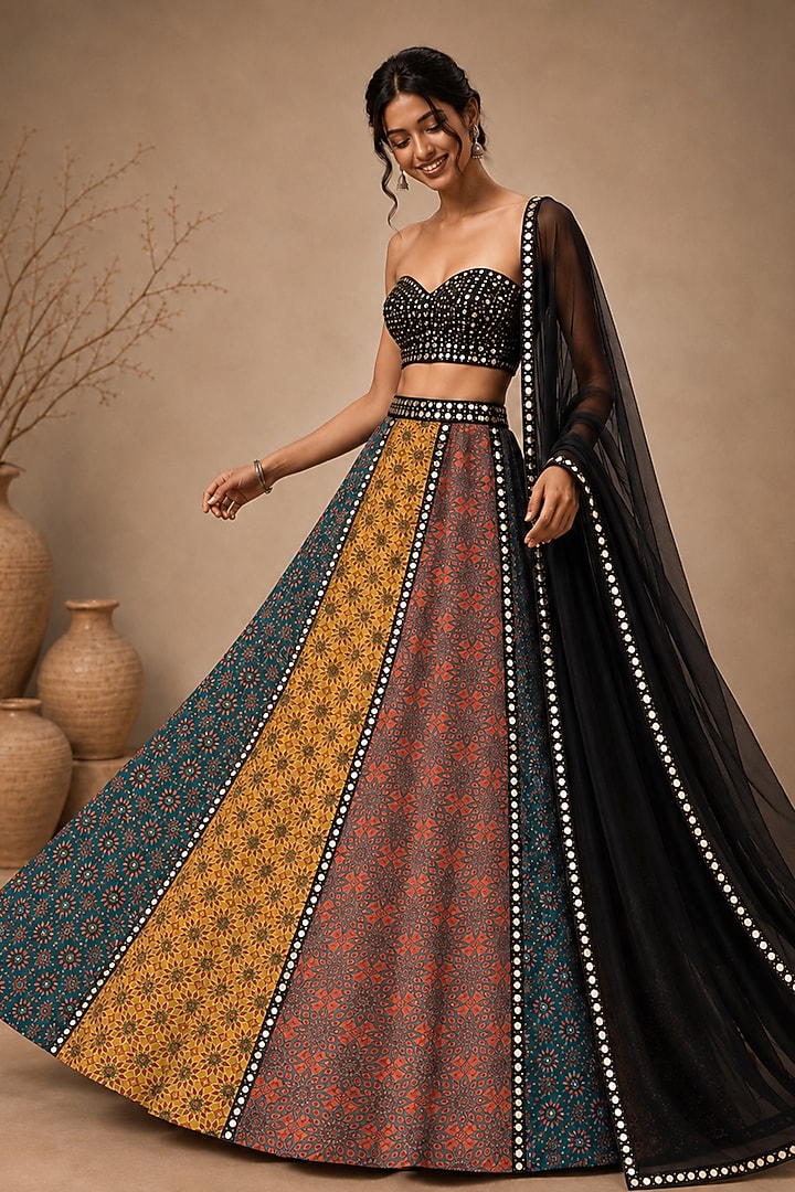 Multi-Colored Georgette Printed & Embellished Lehenga Set by Monk & Mei at Pernia's Pop Up Shop