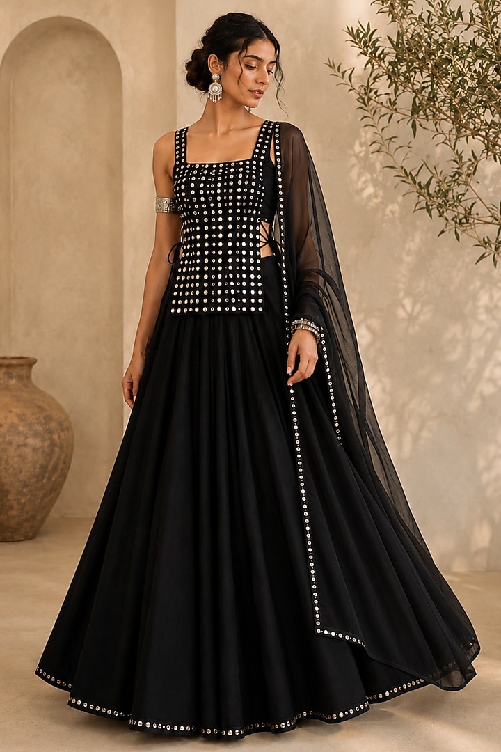 Black Georgette Lehenga Set by Monk & Mei at Pernia's Pop Up Shop