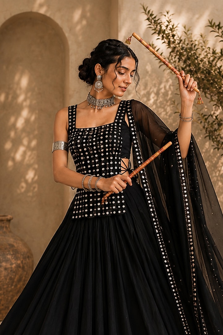 Black Georgette Lehenga Set by Monk & Mei at Pernia's Pop Up Shop