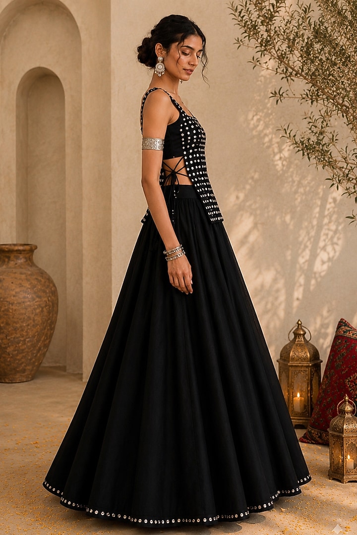Black Georgette Lehenga Set by Monk & Mei at Pernia's Pop Up Shop
