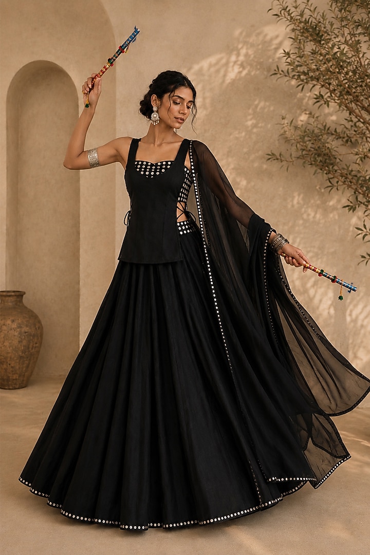 Black Georgette Lehenga Set by Monk & Mei at Pernia's Pop Up Shop