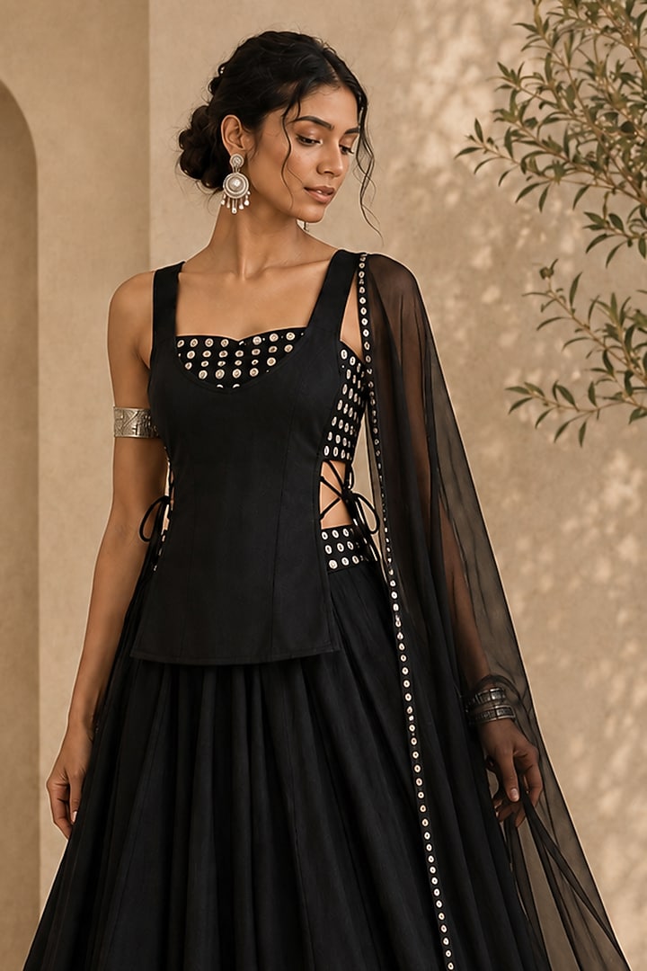 Black Georgette Lehenga Set by Monk & Mei at Pernia's Pop Up Shop