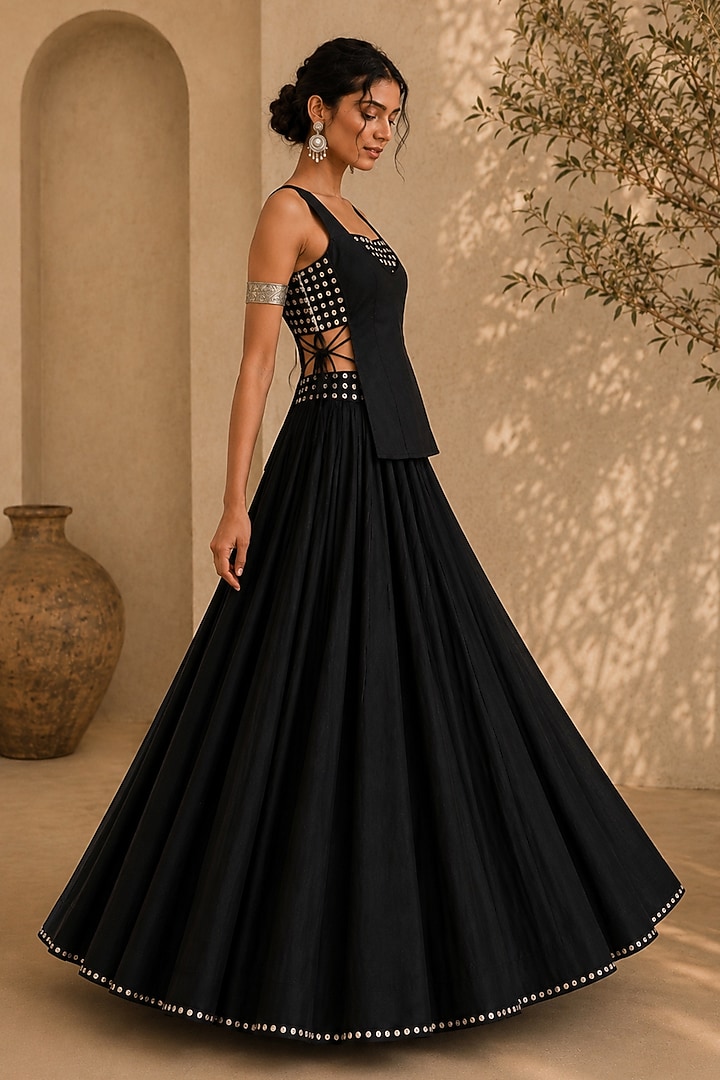 Black Georgette Lehenga Set by Monk & Mei at Pernia's Pop Up Shop