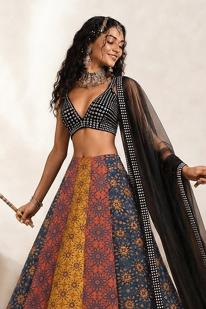 Multi-Colored Georgette Printed & Embellished Lehenga Set by Monk & Mei at Pernia's Pop Up Shop