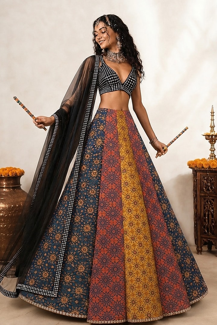 Multi-Colored Georgette Printed & Embellished Lehenga Set by Monk & Mei at Pernia's Pop Up Shop