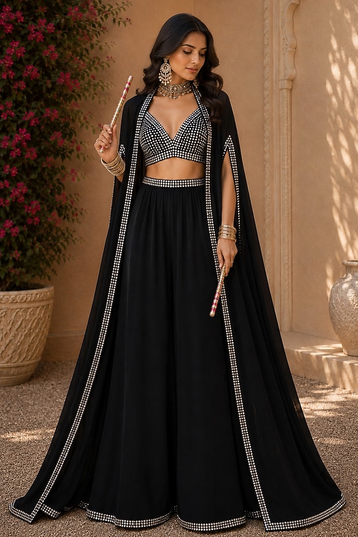 Black Georgette Palazzo Set by Monk & Mei at Pernia's Pop Up Shop