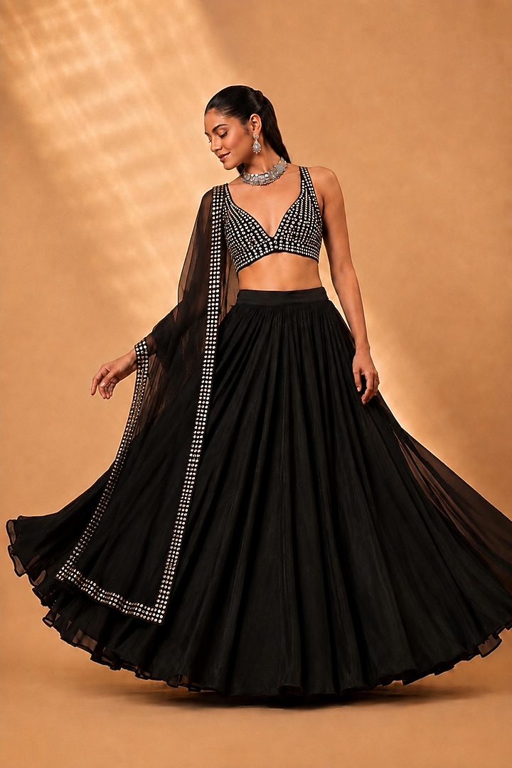 Black Georgette Flared Lehenga Set by Monk & Mei at Pernia's Pop Up Shop