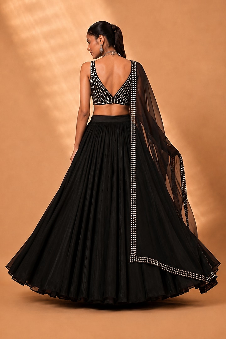 Black Georgette Flared Lehenga Set by Monk & Mei at Pernia's Pop Up Shop