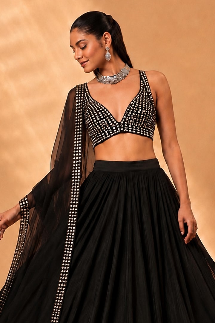 Black Georgette Flared Lehenga Set by Monk & Mei at Pernia's Pop Up Shop