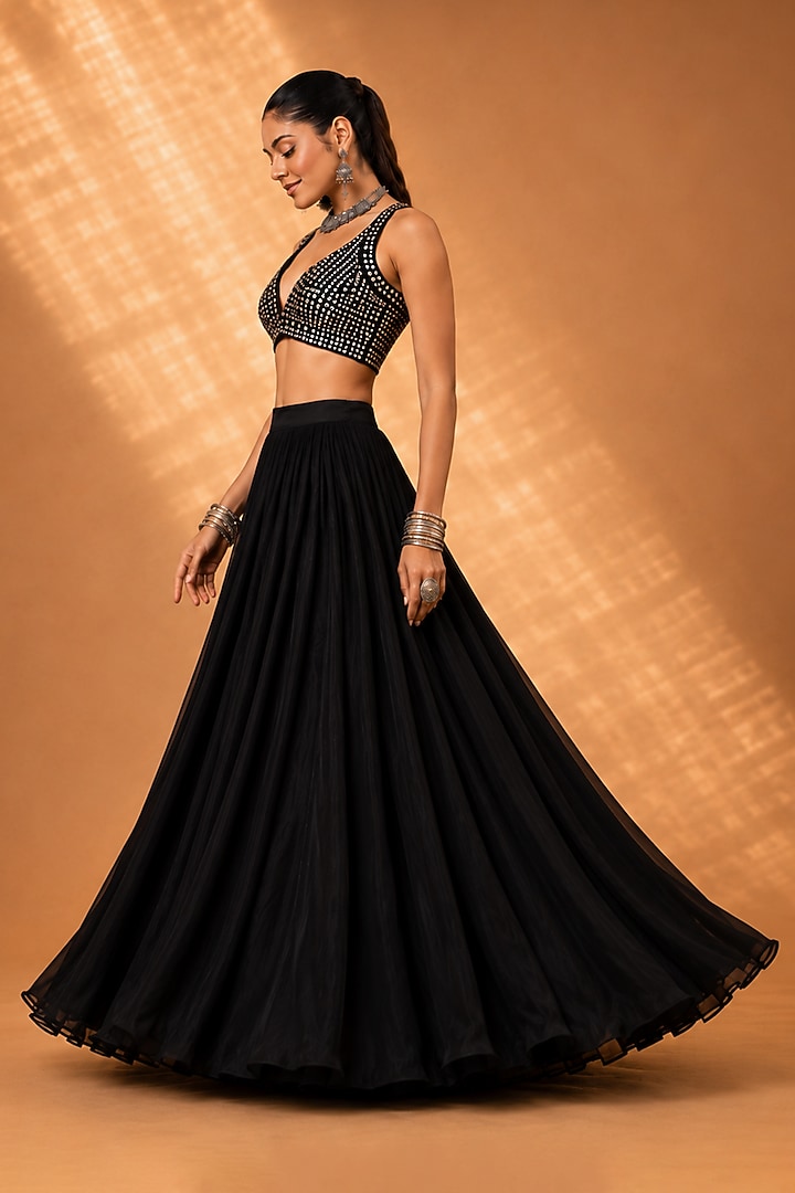Black Georgette Flared Lehenga Set by Monk & Mei at Pernia's Pop Up Shop