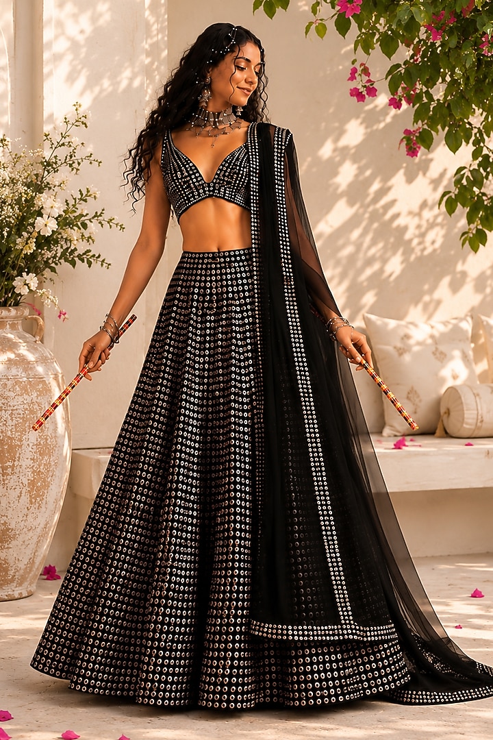 Black Georgette Mirror Embellished Flared Wedding Lehenga Set by Monk & Mei at Pernia's Pop Up Shop
