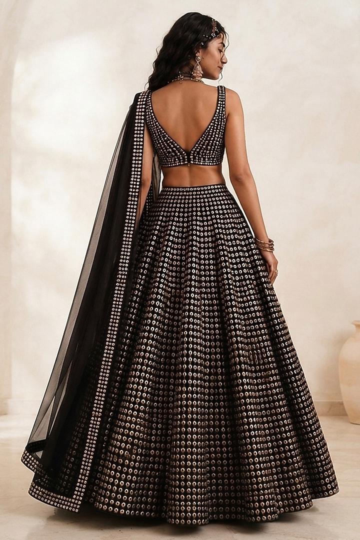 Black Georgette Mirror Embellished Flared Wedding Lehenga Set by Monk & Mei at Pernia's Pop Up Shop