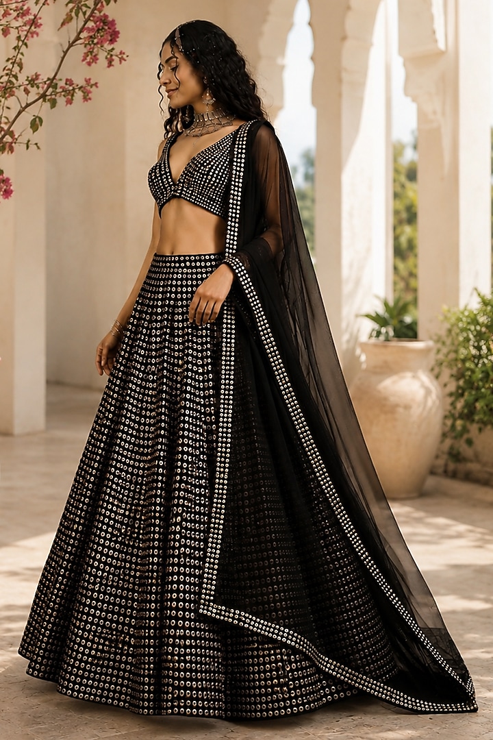 Black Georgette Mirror Embellished Flared Wedding Lehenga Set by Monk & Mei at Pernia's Pop Up Shop