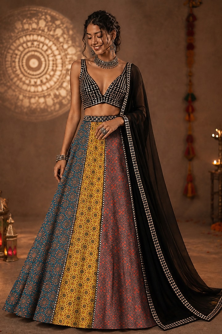 Multi-Colored Georgette Printed & Embellished Lehenga Set by Monk & Mei at Pernia's Pop Up Shop