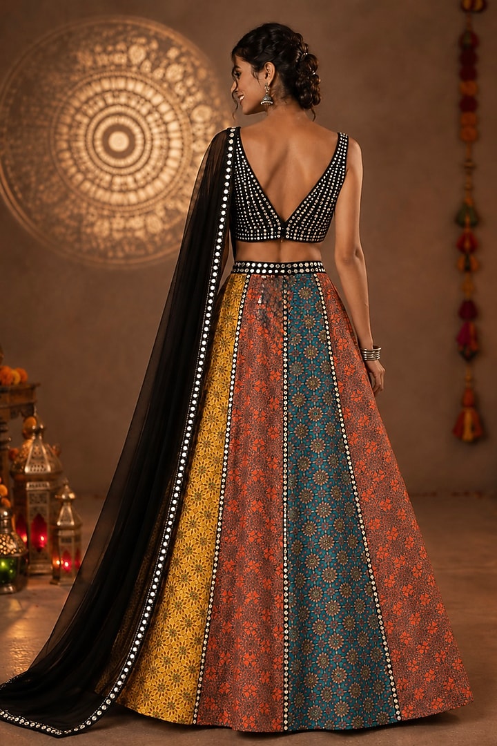 Multi-Colored Georgette Printed & Embellished Lehenga Set by Monk & Mei at Pernia's Pop Up Shop