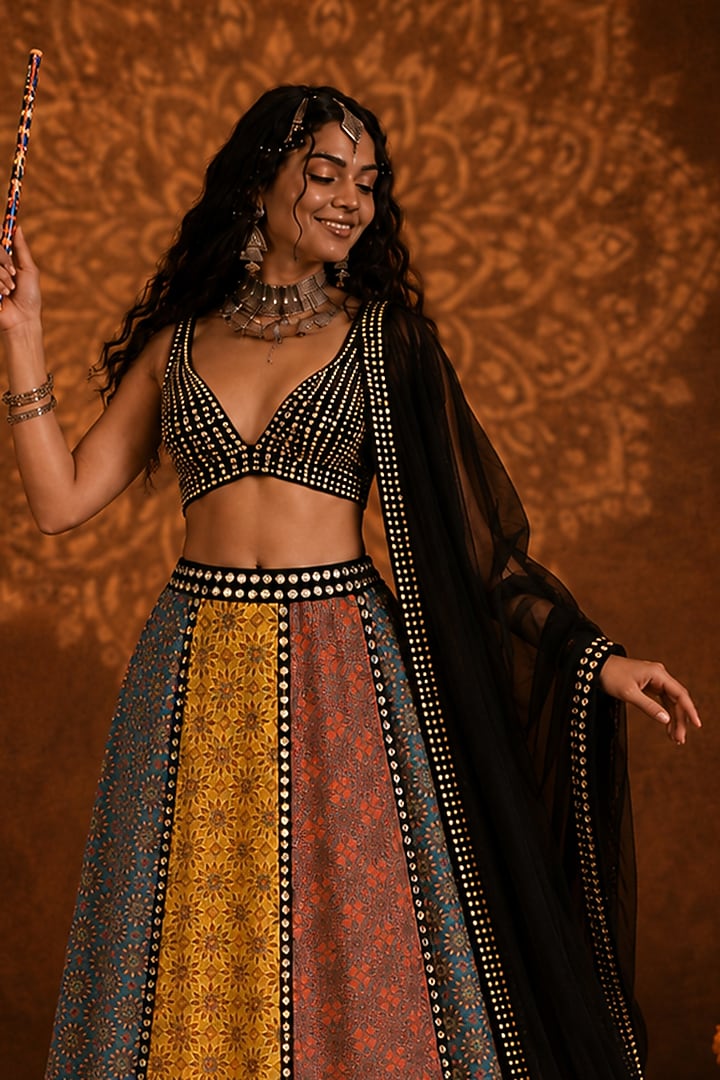 Multi-Colored Georgette Printed & Embellished Lehenga Set by Monk & Mei at Pernia's Pop Up Shop