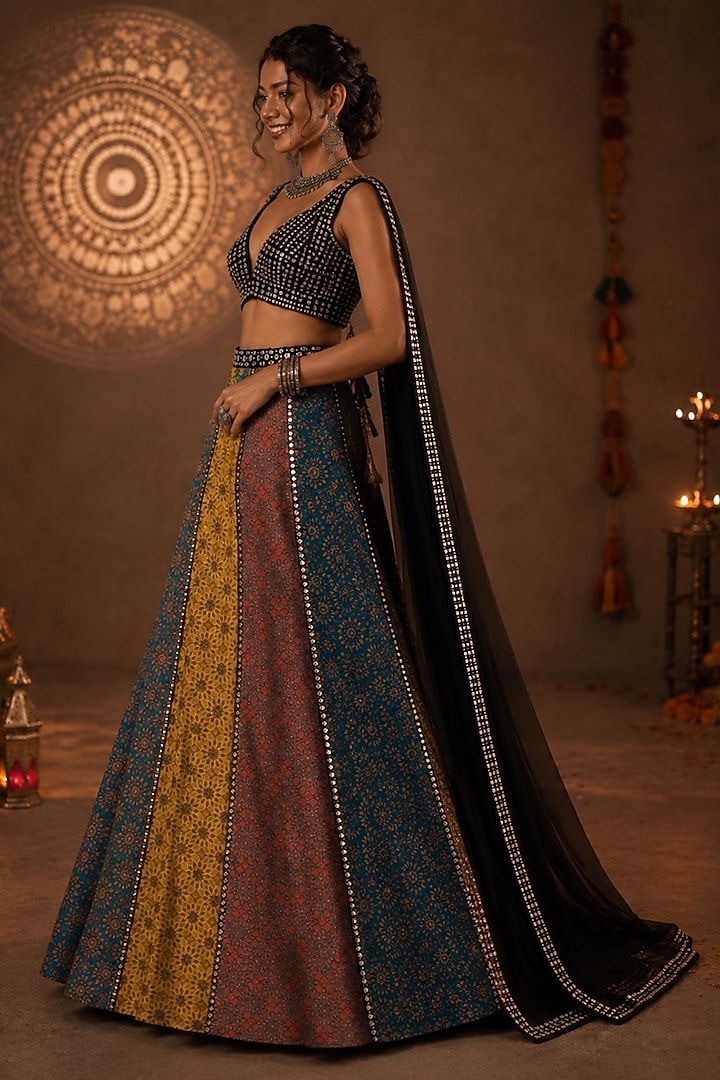 Multi-Colored Georgette Printed & Embellished Lehenga Set by Monk & Mei at Pernia's Pop Up Shop