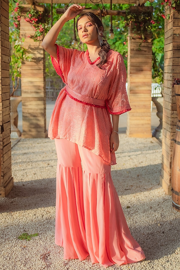 Peach Embroidered Kaftan Set by Monk & Mei