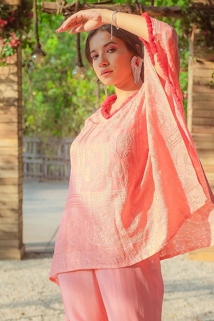 Peach Georgette Kaftan Set by Monk & Mei at Pernia's Pop Up Shop