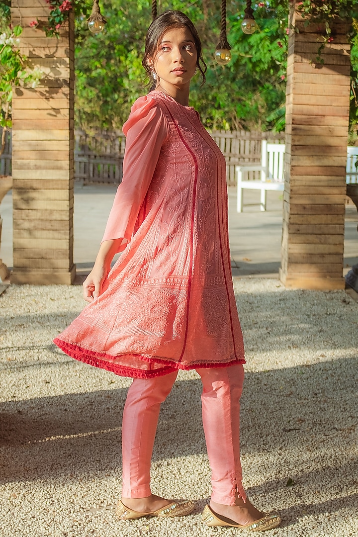Peach Chikankari Kalidar Kurta Set by Monk & Mei at Pernia's Pop Up Shop