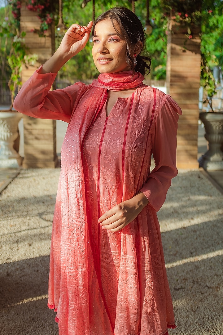 Peach Chikankari Kalidar Kurta Set by Monk & Mei at Pernia's Pop Up Shop