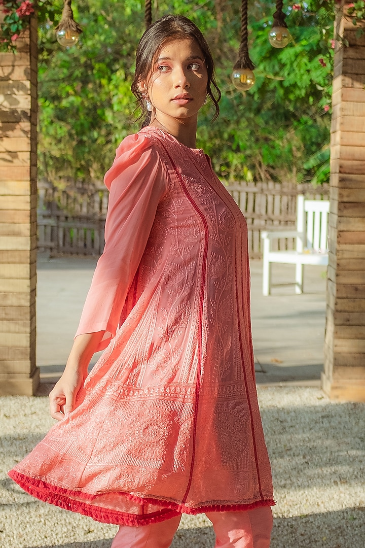 Peach Embroidered Anarkali Set by Monk & Mei at Pernia's Pop Up Shop