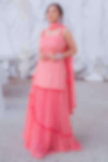 Peach Chikankari Embroidered Lehenga Set by Monk & Mei at Pernia's Pop Up Shop
