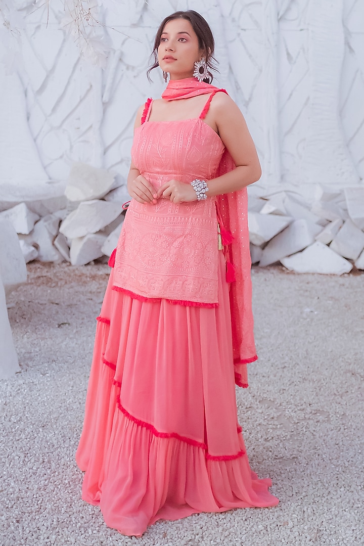 Peach Chikankari Embroidered Lehenga Set by Monk & Mei at Pernia's Pop Up Shop